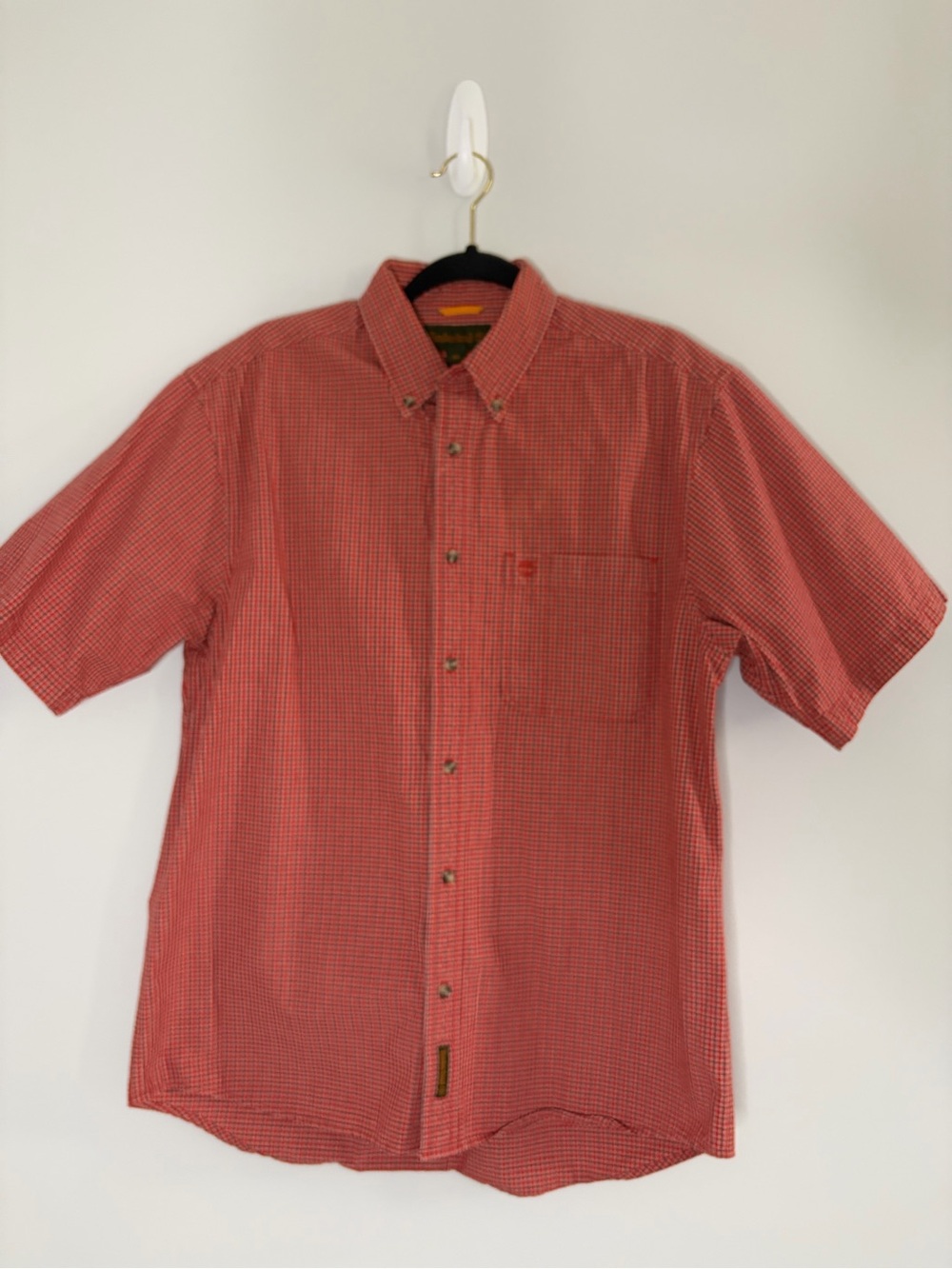 Timberland Men's Short Sleeve Button-Down Shirt in Red/Orange Gingham